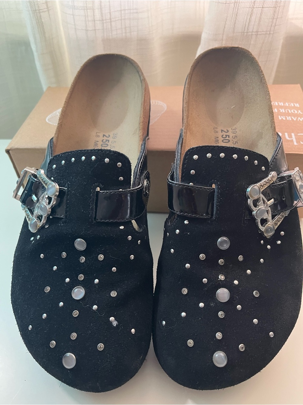 Bertula by Birkenstock Black Suede Studded Slip-On Clogs with Buckle Detail
